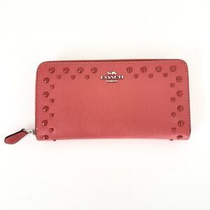 Coach Accordion Zip Around Leather Wallet Studded Embellished in Coral F55610